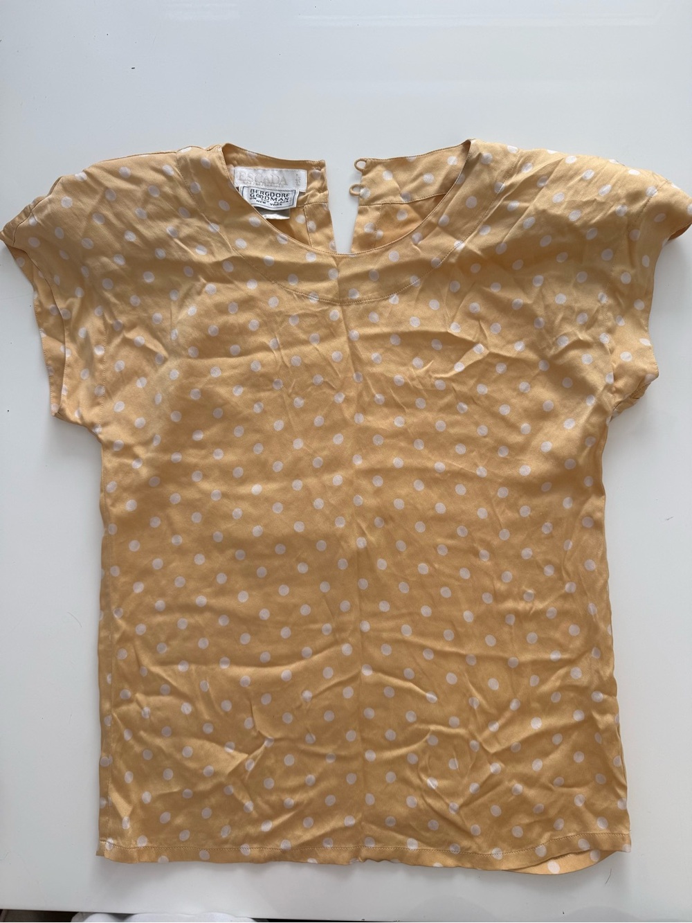 Vintage Escada Bergdorf Goodman 100% Silk Yellow and White Polka Dot Shirt